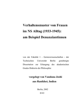 Verhaltensmuster Von Frauen Im NS Alltag (1933-1945): Am Beispiel Denunziantinnen