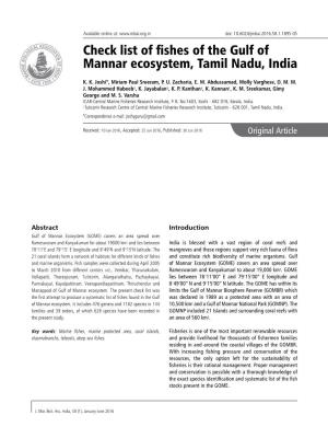 Check List of Fishes of the Gulf of Mannar Ecosystem, Tamil Nadu, India