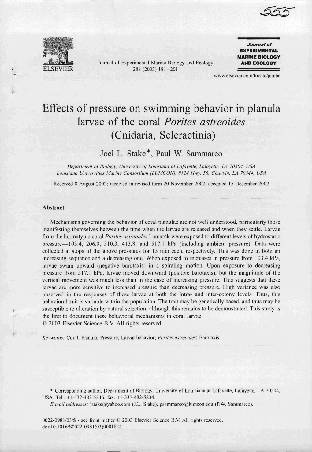 Effects of Pressure on Swimming Behavior in Planula Larvae of the Coral Porites Astreoides (Cnidaria, Scleractinia)