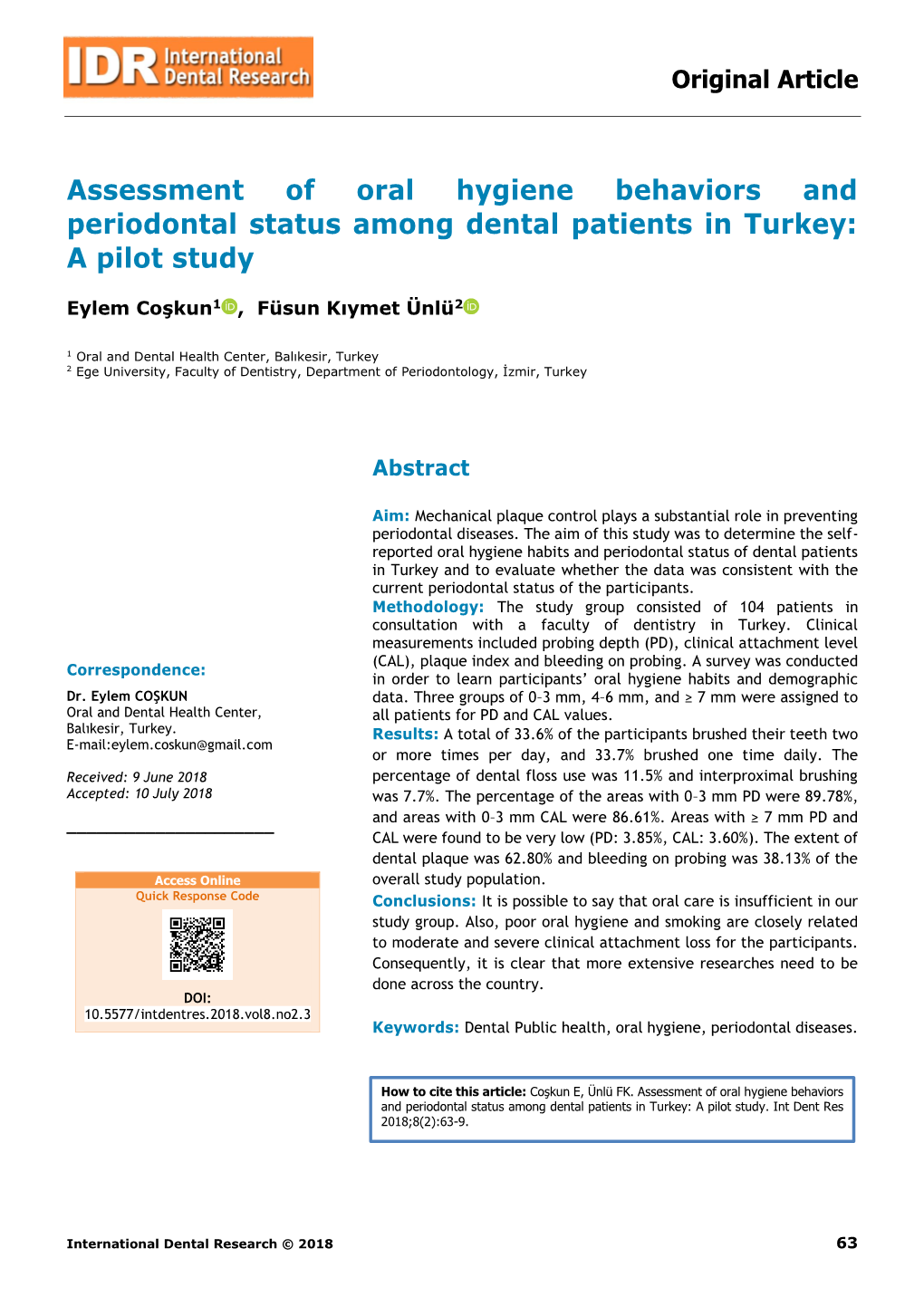 Assessment of Oral Hygiene Behaviors and Periodontal Status Among Dental Patients in Turkey: a Pilot Study