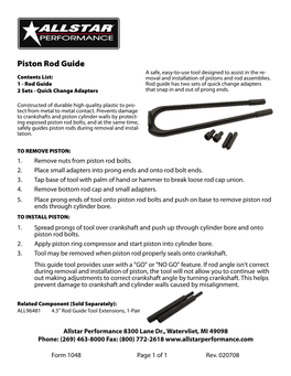 Piston Rod Guide a Safe, Easy-To-Use Tool Designed to Assist in the Re- Contents List: Moval and Installation of Pistons and Rod Assemblies