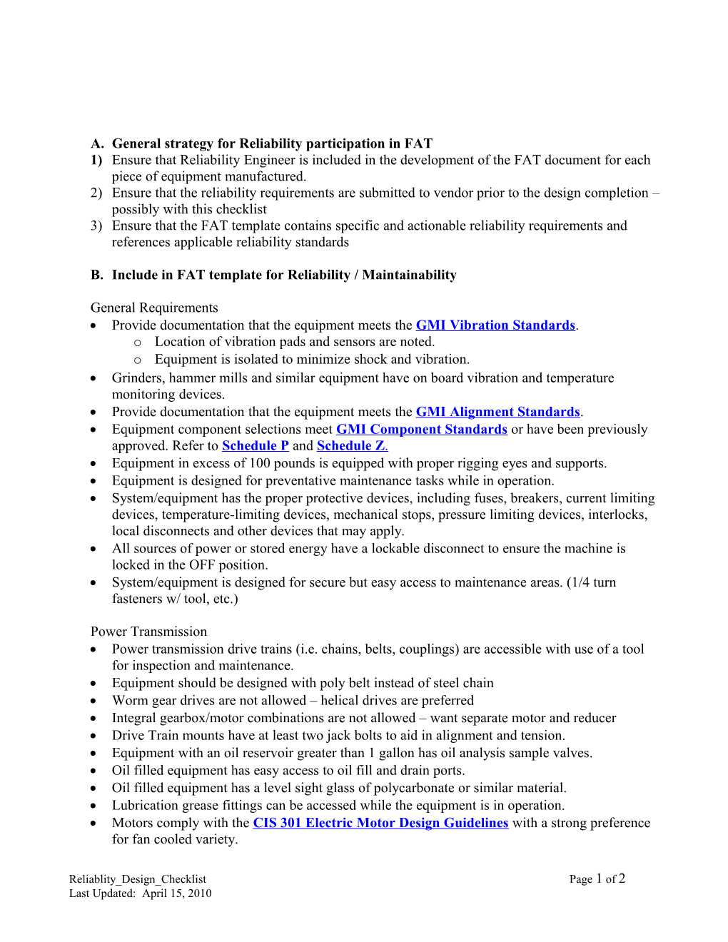 Reliability Design Checklist