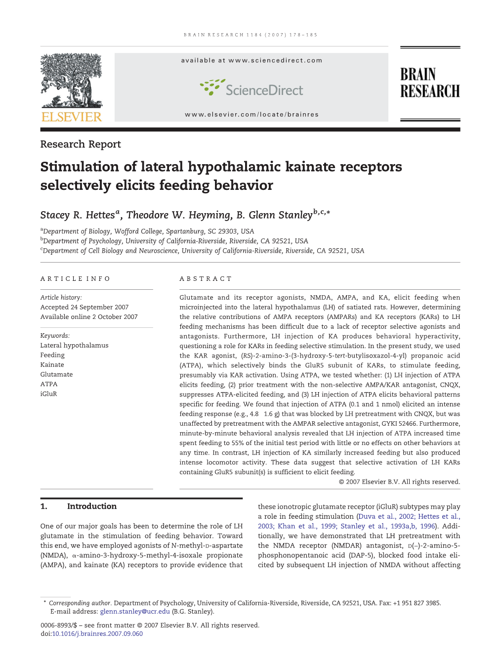 Stimulation of Lateral Hypothalamic Kainate Receptors Selectively Elicits Feeding Behavior