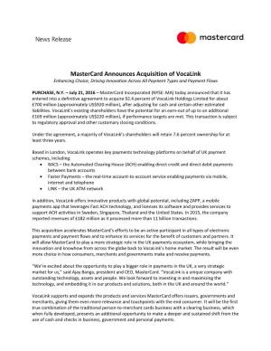 Mastercard Announces Acquisition of Vocalink Enhancing Choice, Driving Innovation Across All Payment Types and Payment Flows