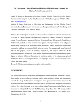 The Contemporary State of Traditional Religions of the Indigenous Peoples of the Siberian Arctic (Krasnoyarsk Krai) Natalia P. K