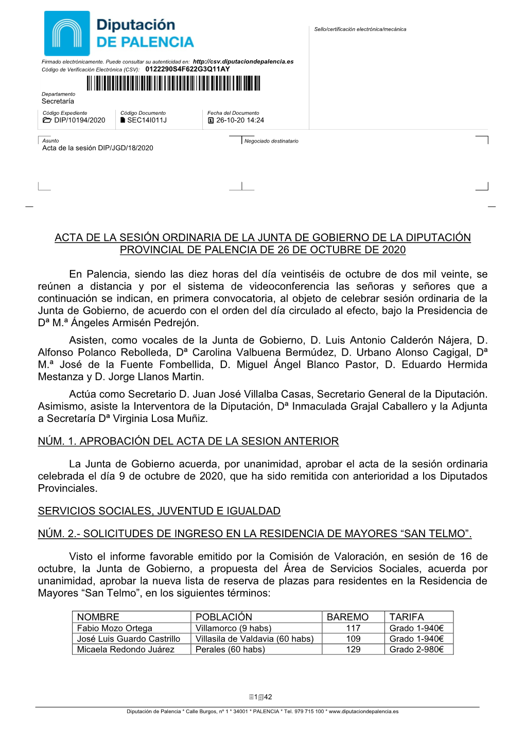 Acta Junta De Gobierno De 26 De Octubre De 2020