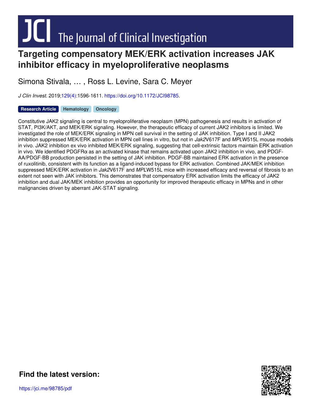 Targeting Compensatory MEK/ERK Activation Increases JAK Inhibitor Efficacy in Myeloproliferative Neoplasms