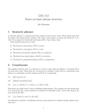 LSA 112 Notes on Basic Phrase Structure