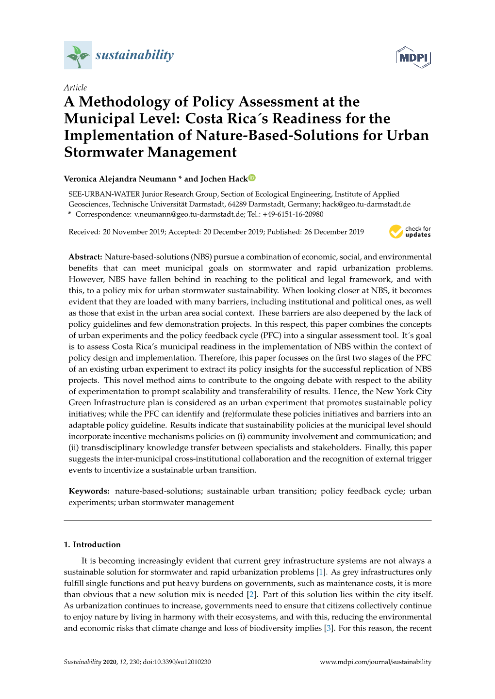 A Methodology of Policy Assessment at the Municipal Level: Costa Rica´S Readiness for the Implementation of Nature-Based-Solutions for Urban Stormwater Management