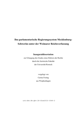 Das Parlamentarische Regierungssystem Mecklenburg- Schwerins Unter Der Weimarer Reichsverfassung