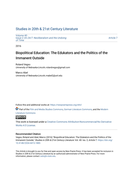 Biopolitical Education: the Edukators and the Politics of the Immanent Outside