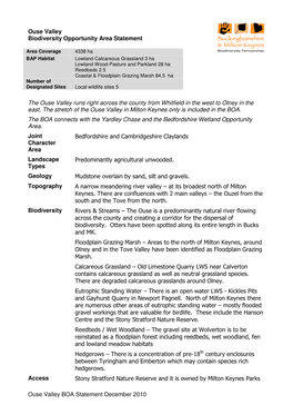 Ouse Valley BOA Statement December 2010 Ouse Valley Biodiversity Opportunity Area Statement the Ouse Valley Runs Right Across T