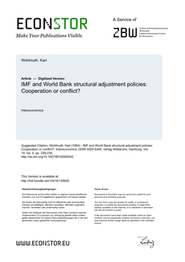 IMF and World Bank Structural Adjustment Policies: Cooperation Or Conflict?