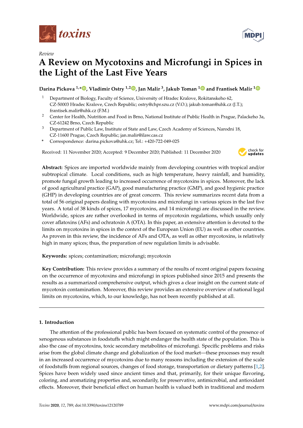 A Review on Mycotoxins and Microfungi in Spices in the Light of the Last Five Years