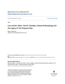 Karl N. Llewellyn, Cultural Anthropology, and the Legacy of the Cheyenne Way