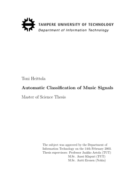 Toni Heittola Automatic Classification of Music Signals Master of Science