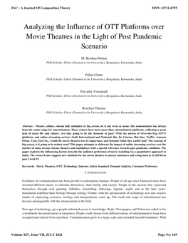 Analyzing the Influence of OTT Platforms Over Movie Theatres in the Light of Post Pandemic Scenario