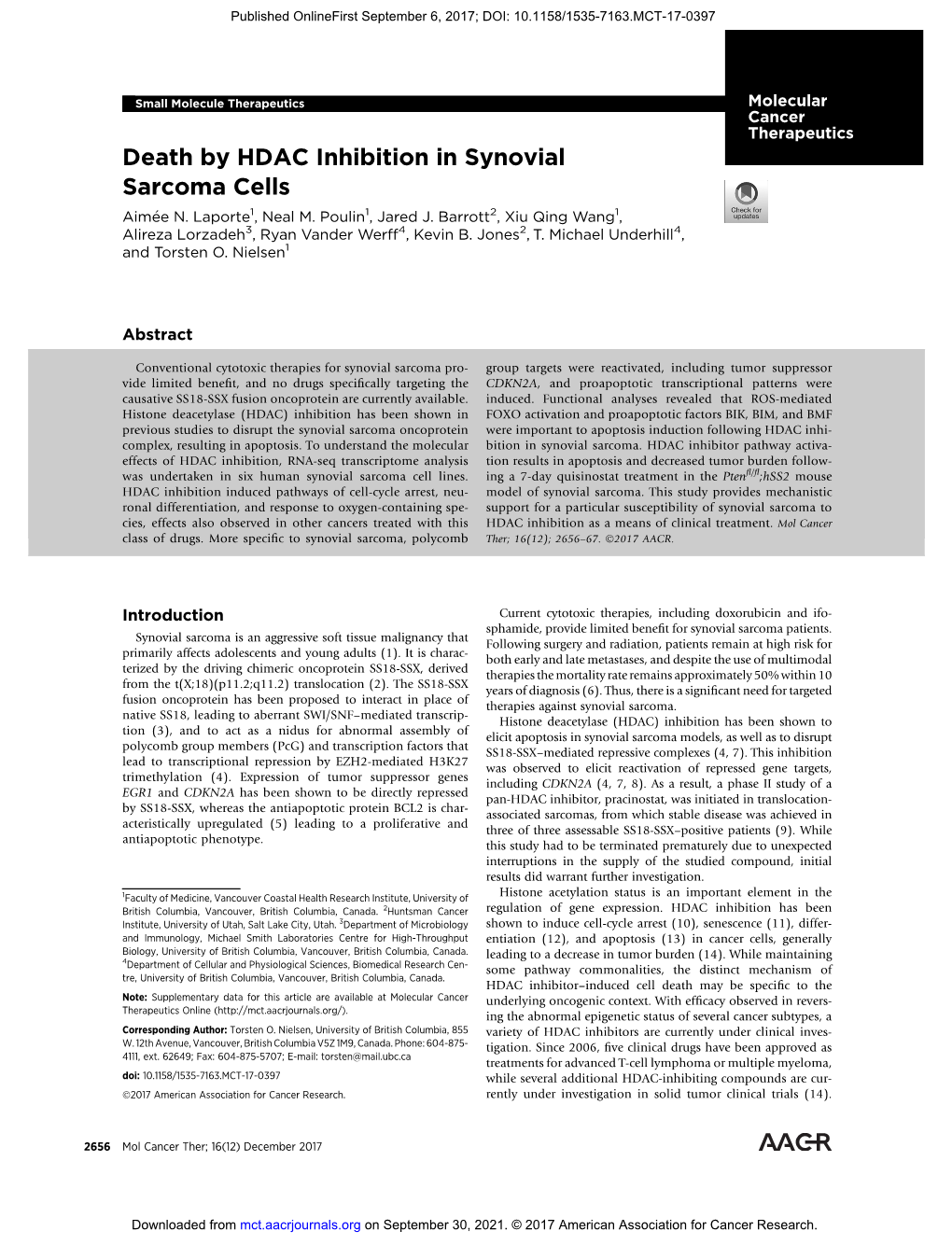 Death by HDAC Inhibition in Synovial Sarcoma Cells Aimee N