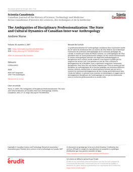 The State and Cultural Dynamics of Canadian Inter-War Anthropology Andrew Nurse