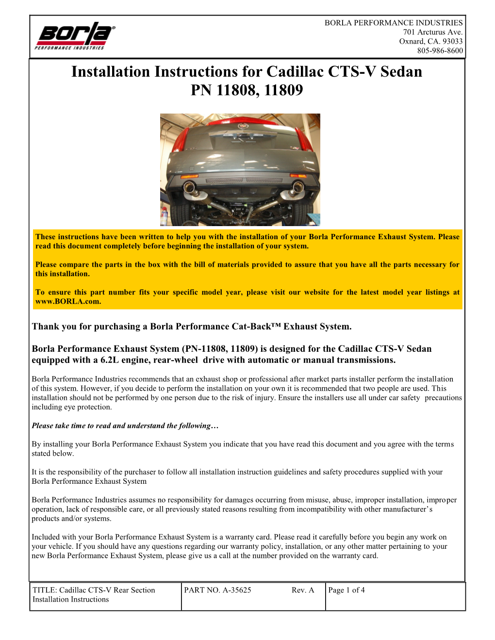 Installation Instructions for Cadillac CTS-V Sedan PN 11808, 11809