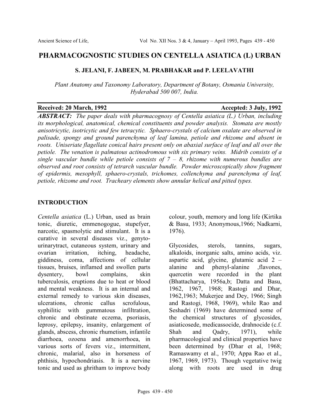 Pharmacognostic Studies on Centella Asiatica (L) Urban