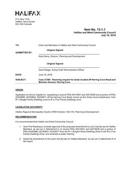 Case 21385: Rezoning Request for Lands Located Off Herring Cove Road and Mansion Avenue, Herring Cove