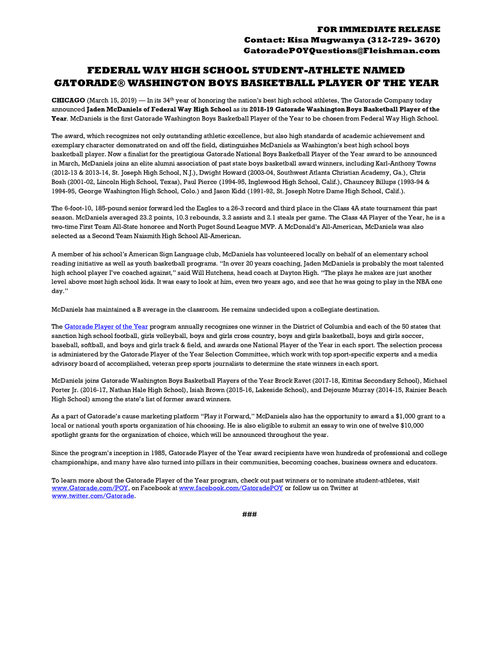 Federal Way High School Student-Athlete Named Gatorade® Washington Boys Basketball Player of the Year