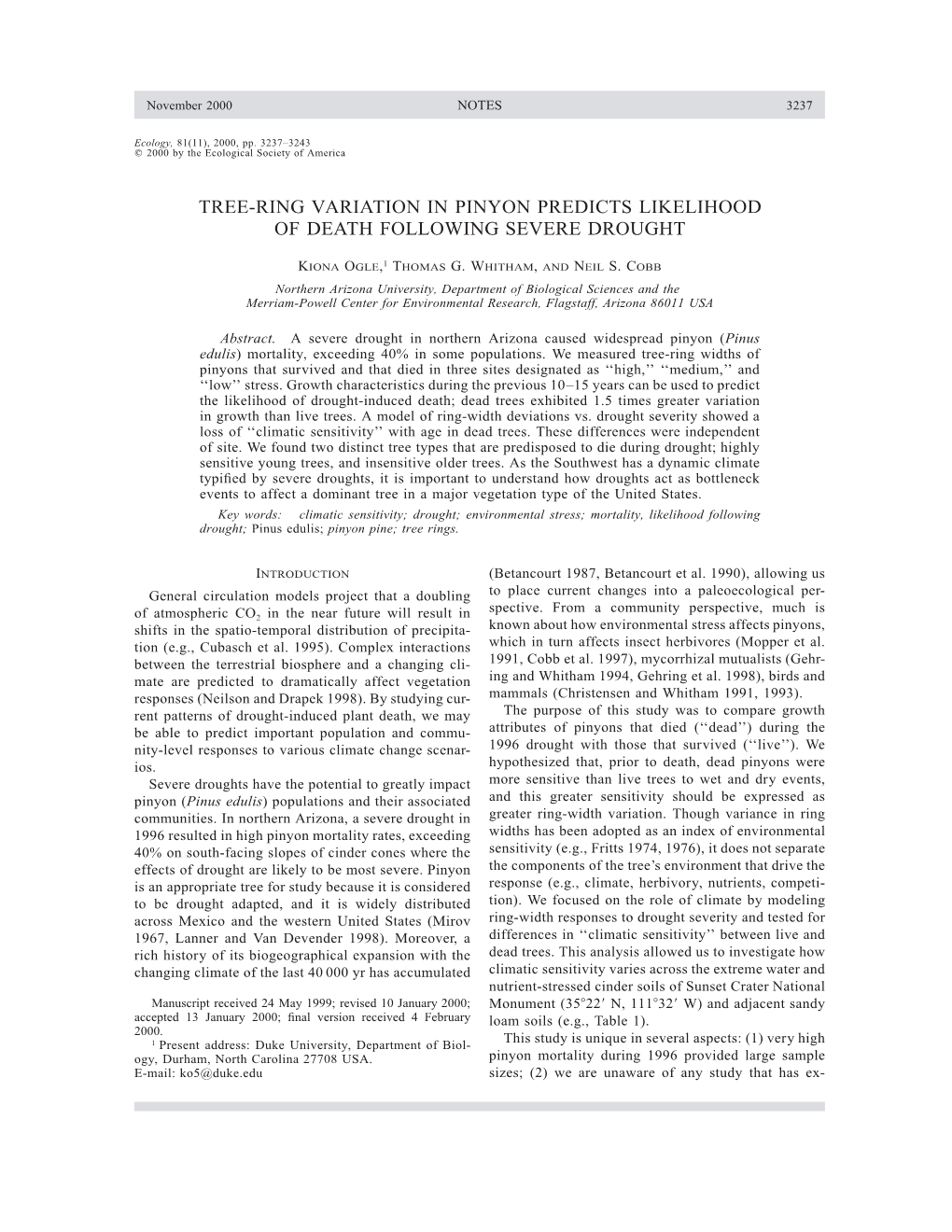 Tree-Ring Variation in Pinyon Predicts Likelihood of Death Following Severe Drought