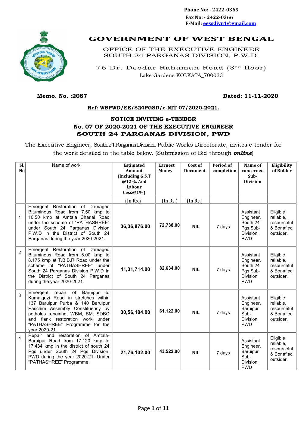 Of 11 GOVERNMENT of WEST BENGAL