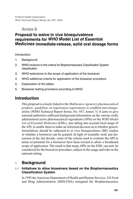 Annex 8 Proposal to Waive in Vivo Bioequivalence Requirements for WHO Model List of Essential Medicines Immediate-Release, Solid Oral Dosage Forms