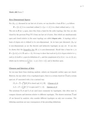 P. 1 Math 490 Notes 7 Zero Dimensional Spaces for (SΩ,Τo)