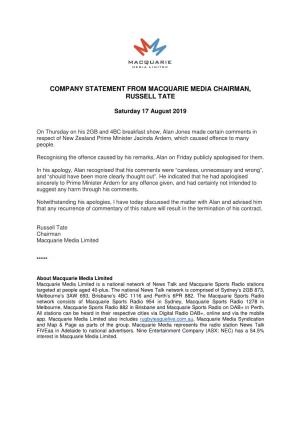 Company Statement from Macquarie Media Chairman, Russell Tate
