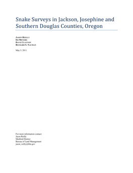 Snake Surveys in Jackson, Josephine and Southern Douglas Counties, Oregon