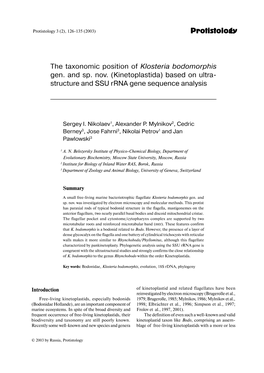 Protistology the Taxonomic Position of Klosteria Bodomorphis Gen. and Sp. Nov. (Kinetoplastida) Based on Ultra Structure And