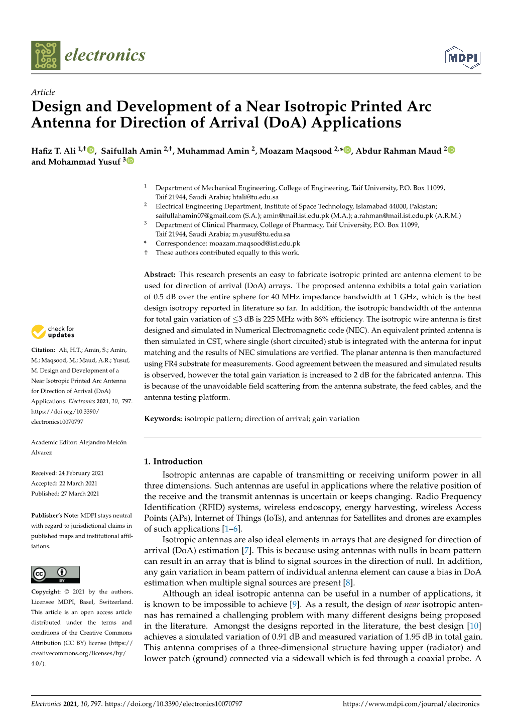 Design and Development of a Near Isotropic Printed Arc Antenna for Direction of Arrival (Doa) Applications