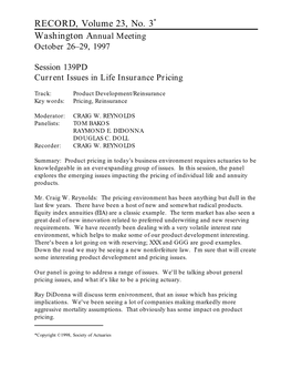 Current Issues in Life Insurance Pricing