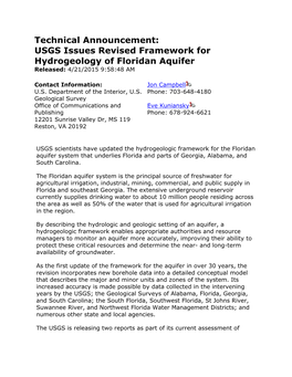 USGS Issues Revised Framework for Hydrogeology of Floridan Aquifer Released: 4/21/2015 9:58:48 AM