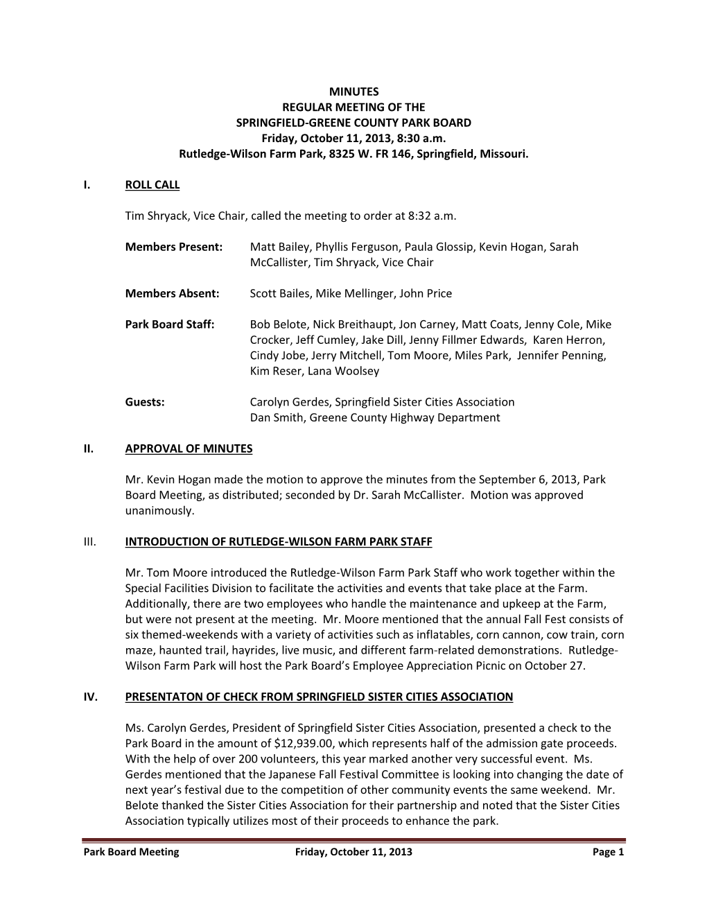 MINUTES REGULAR MEETING of the SPRINGFIELD-GREENE COUNTY PARK BOARD Friday, October 11, 2013, 8:30 A.M