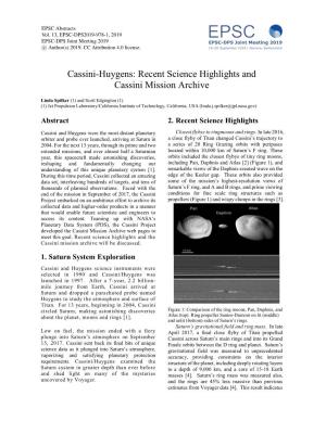 Cassini-Huygens: Recent Science Highlights and Cassini Mission Archive