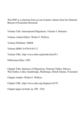 Statistics of Migrations, National Tables, Mexico, West Indies, Cuba, Guadeloupe, Martinique, Dutch Guiana, Venezuela