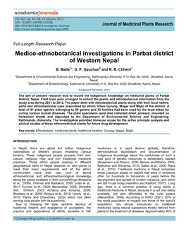 Medico-Ethnobotanical Investigations in Parbat District of Western Nepal