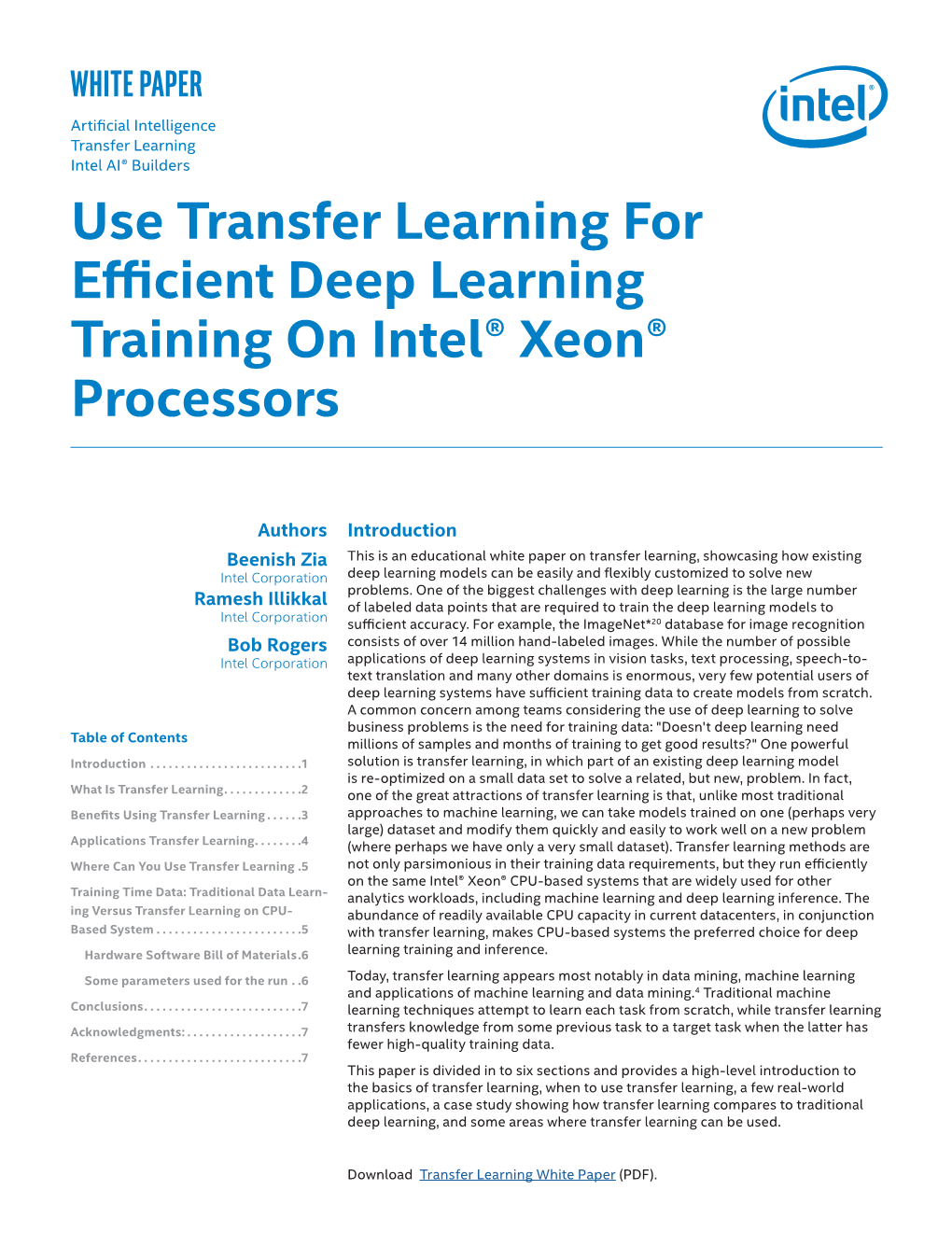 Use Transfer Learning for Efficient Deep Learning Training on Intel® Xeon® Processors