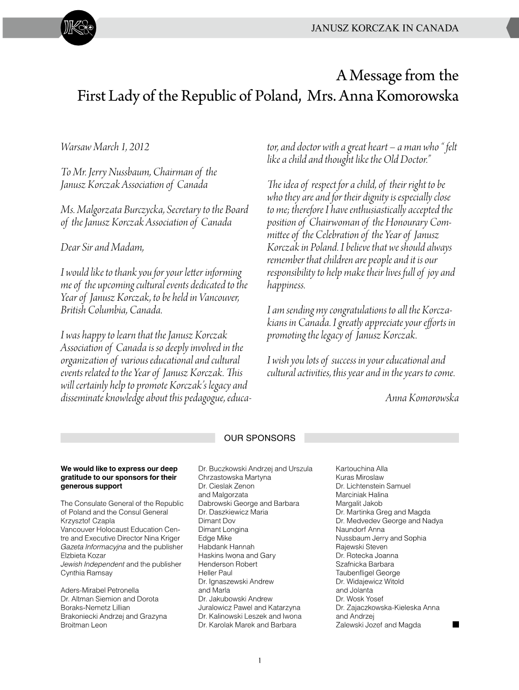 A Message from the First Lady of the Republic of Poland, Mrs. Anna Komorowska