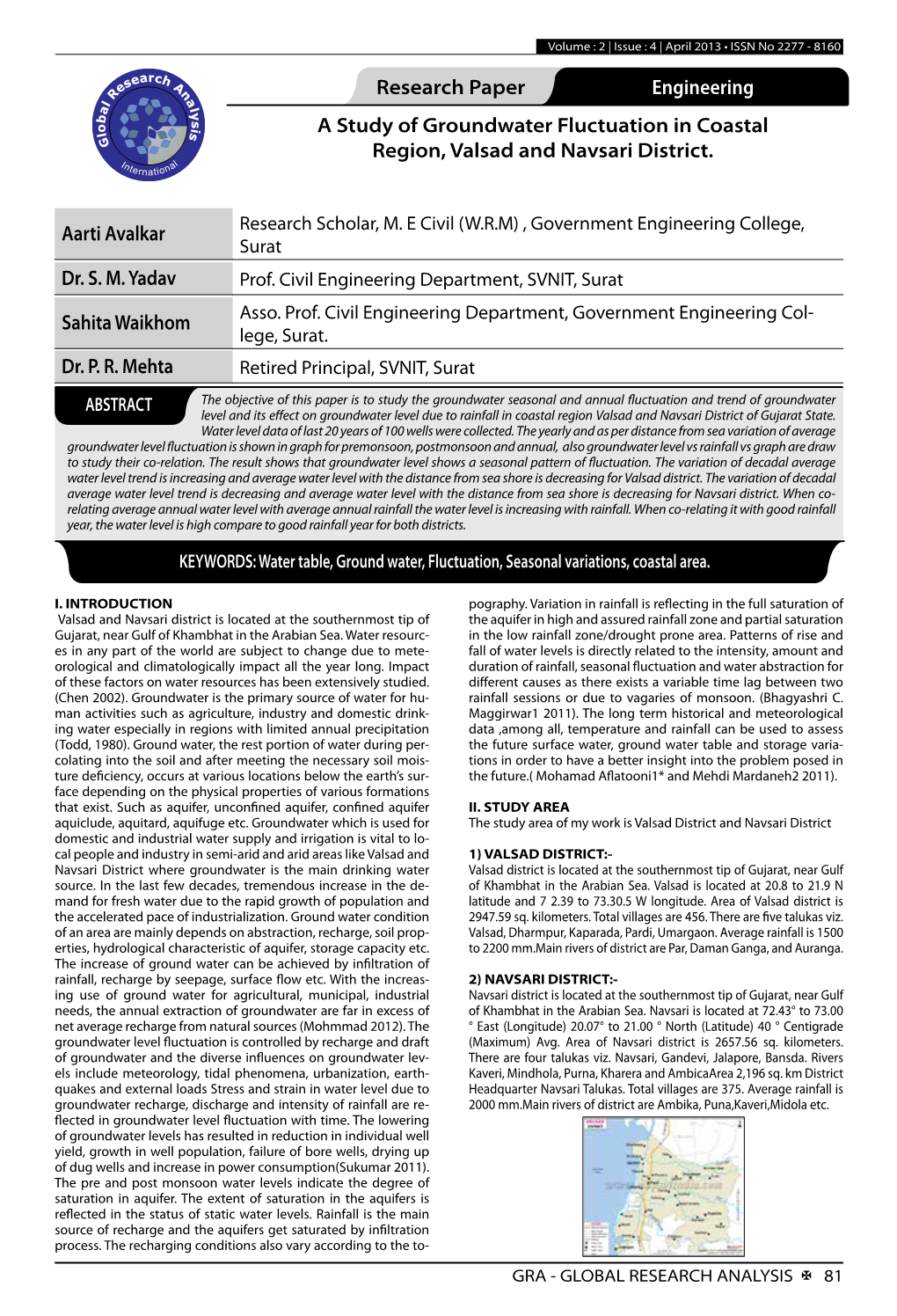 Research Paper Engineering a Study of Groundwater Fluctuation in Coastal Region, Valsad and Navsari District