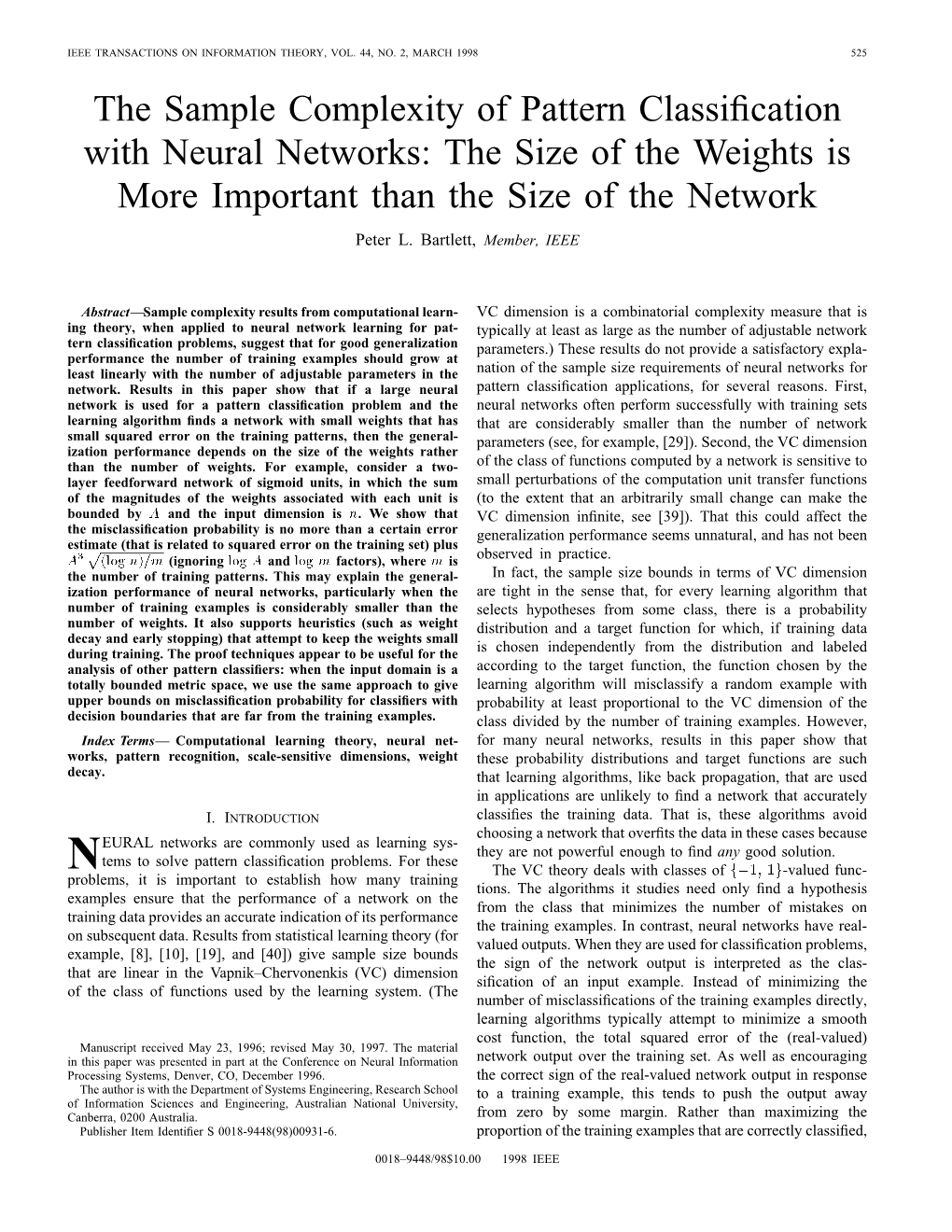 The Sample Complexity of Pattern Classification with Neural Networks