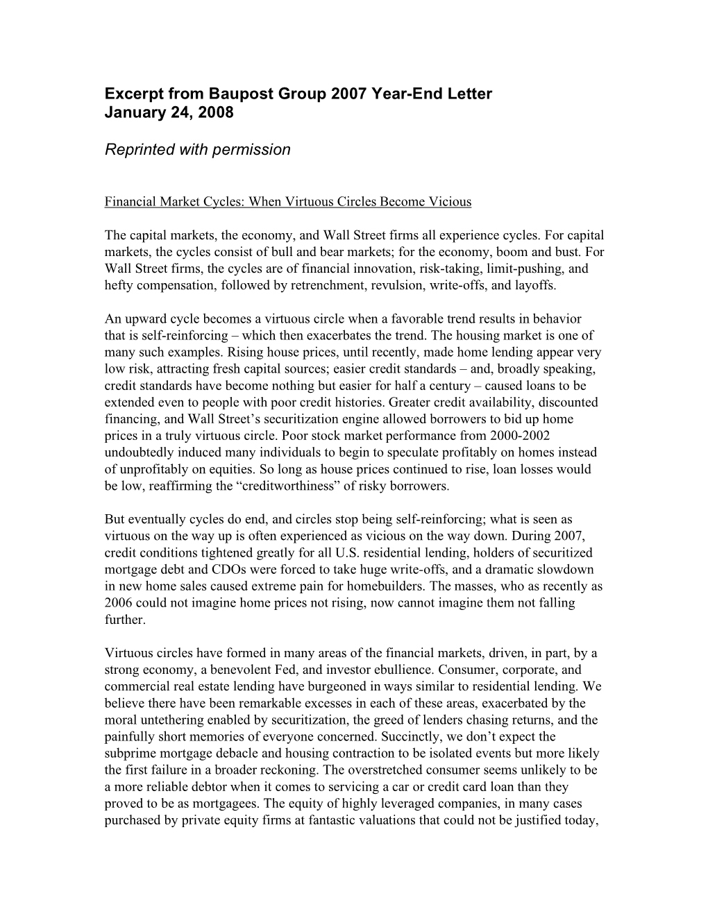 Excerpt from Baupost Group 2007 Year-End Letter January 24, 2008