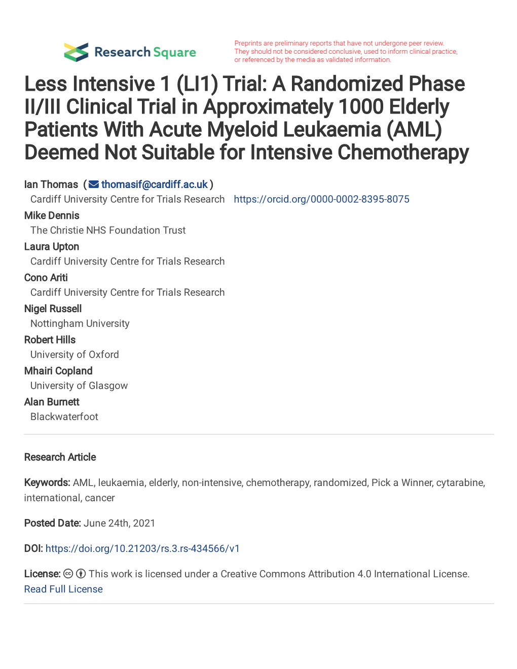 Less Intensive 1 (LI1) Trial: a Randomized Phase