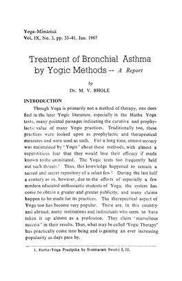 Treatment of Bronchial Asthma by Yogic Methods -- a Report