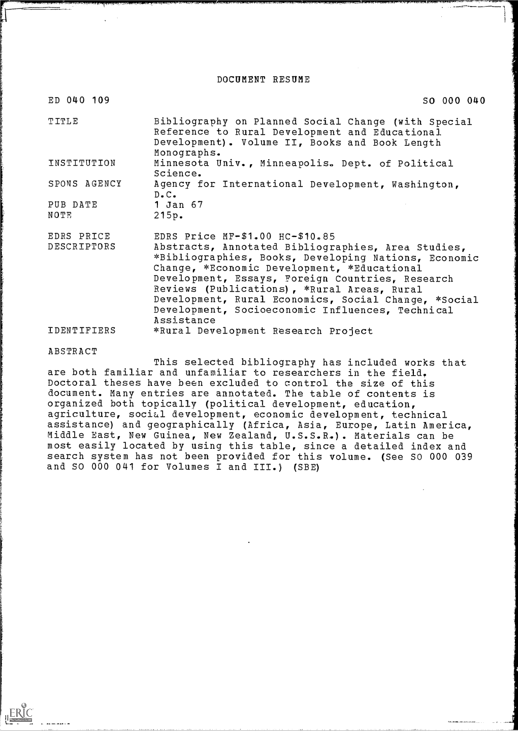 DOCUMENT RESUME SO 000 040 Bibliography on Planned Social