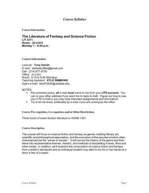 Course Syllabus the Literature of Fantasy and Science Fiction